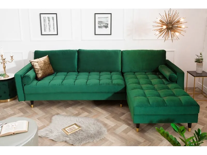 Canapé d'angle en velours coloris vert 260cm (Montable à gauche + à droite)