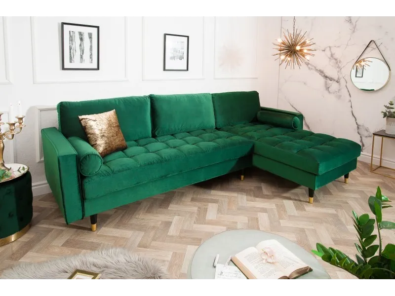 Canapé d'angle en velours coloris vert 260cm (Montable à gauche + à droite)