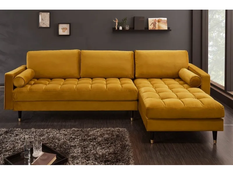 Canapé d'angle en velours coloris jaune moutarde 260cm (Montable à gauche + à droite)