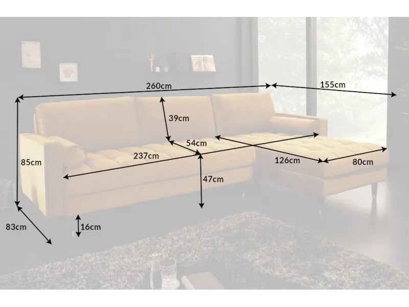 Canapé d'angle en velours coloris jaune moutarde 260cm (Montable à gauche + à droite)