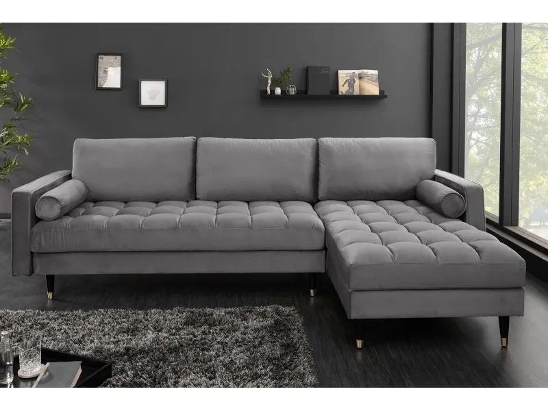 Canapé d'angle en velours coloris gris 260cm (MONTABLE À GAUCHE + À DROITE)