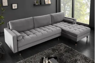 Canapé d'angle en velours coloris gris 260cm (MONTABLE À GAUCHE + À DROITE)