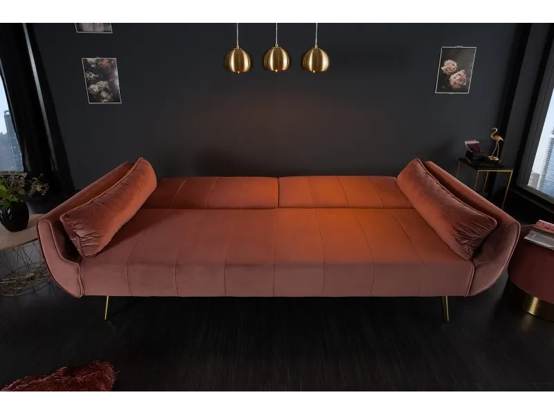 Canapé-lit 215 cm en velours coloris vieux rose doré