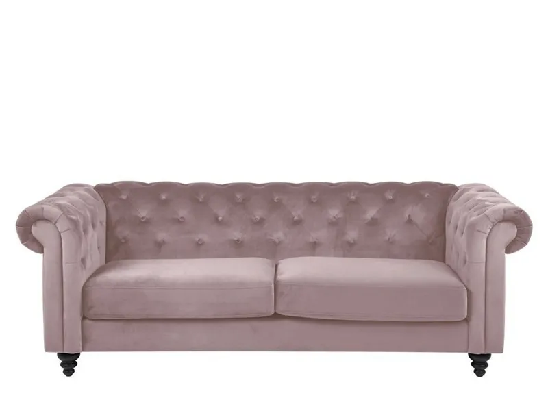 Canapé 3 places capitonnés en tissu vieux rose, pieds en bois noir