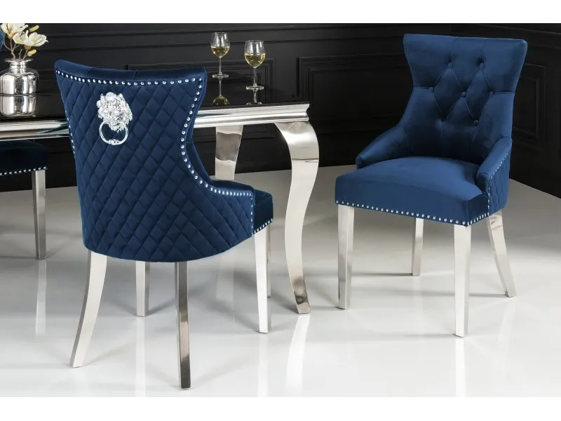 Lot de 2 Chaises de château en velours bleu roi en acier inoxydable, tête de lion