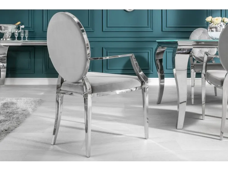 Lot de 2 chaises design baroque de salle à manger en velours coloris gris avec accoudoirs