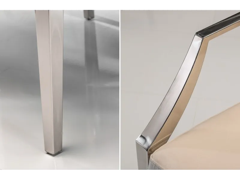 Chaise design baroque de salle à manger en velours coloris beige avec accoudoirs