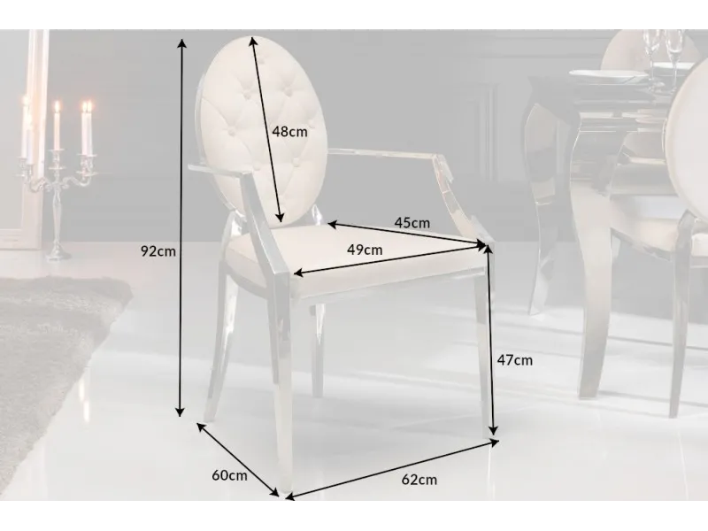 Chaise design baroque de salle à manger en velours coloris beige avec accoudoirs