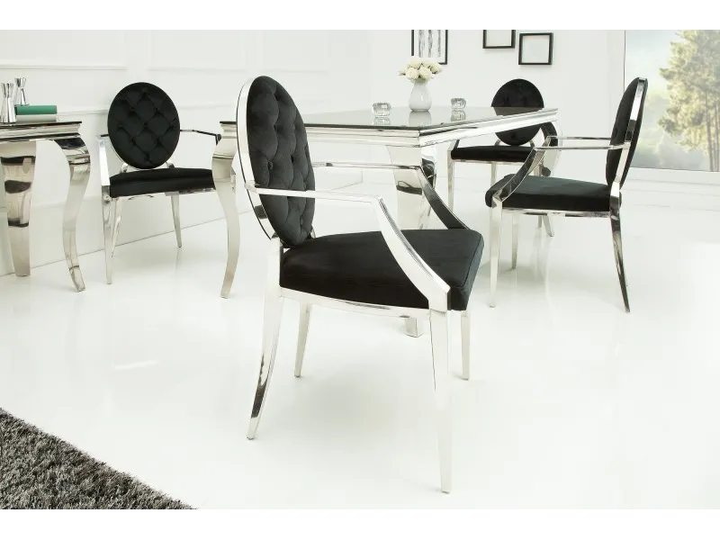 Lot de 2 chaises design baroque de salle à manger en velours coloris noir avec accoudoirs