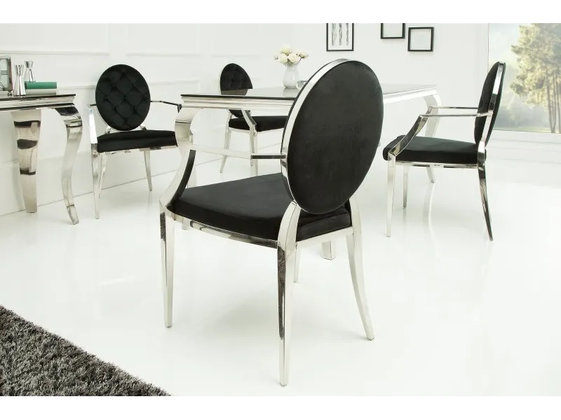 Lot de 2 chaises design baroque de salle à manger en velours coloris noir avec accoudoirs