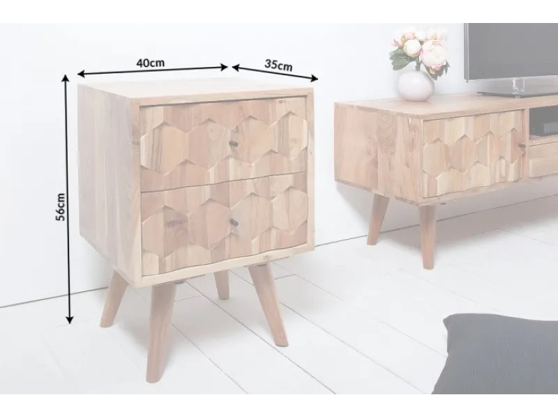 Chevet design scandinave coloris naturel en bois massif à 2 tiroirs