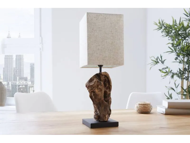 Lampe à poser 15 cm en bois flotté et lin beige