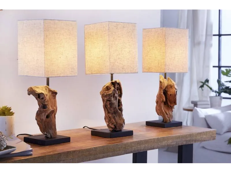 Lampe à poser 15 cm en bois flotté et lin beige