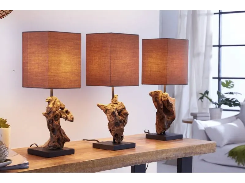 Lampe de 15cm en bois flotté et lin marron