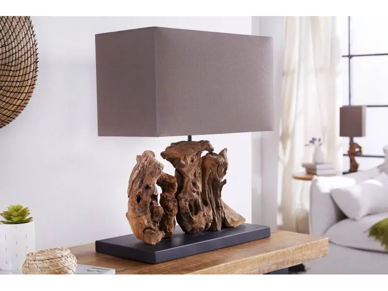 Lampe à poser  de 40cm en bois flotté et lin  brun