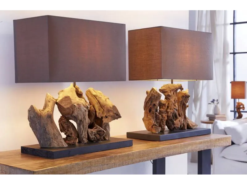 Lampe à poser  de 40cm en bois flotté et lin  brun