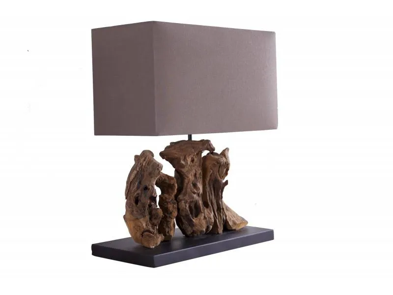 Lampe à poser  de 40cm en bois flotté et lin  brun