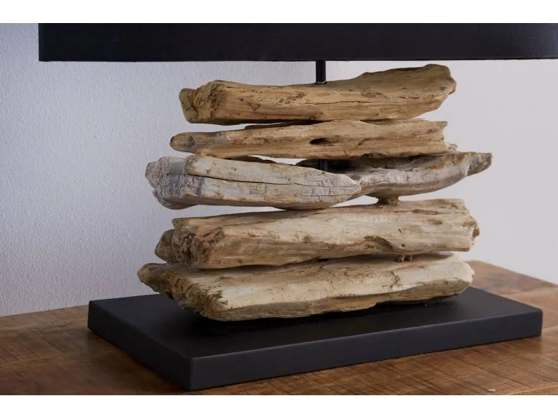 Lampe à poser design naturel en bois flotté avec abat jour en toile noir
