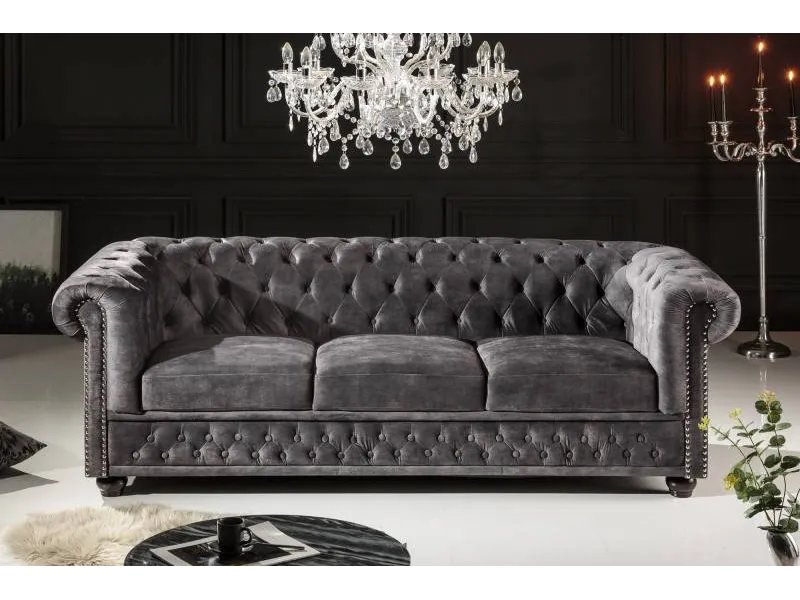 Canapé Chic Chesterfield Design en Velours Gris 3 Places