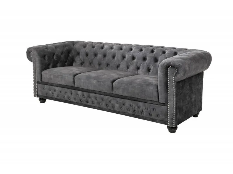 Canapé Chic Chesterfield Design en Velours Gris 3 Places
