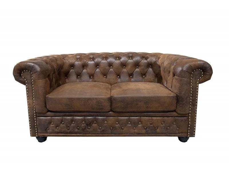 Canapé design chesterfield capitonné en simili cuir marron