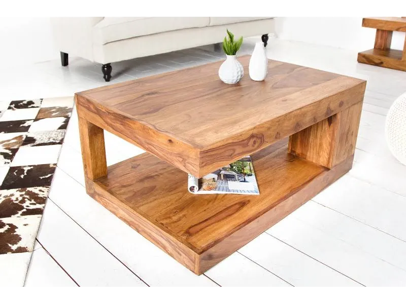 Table basse 90 cm design avec rangement en bois massif
