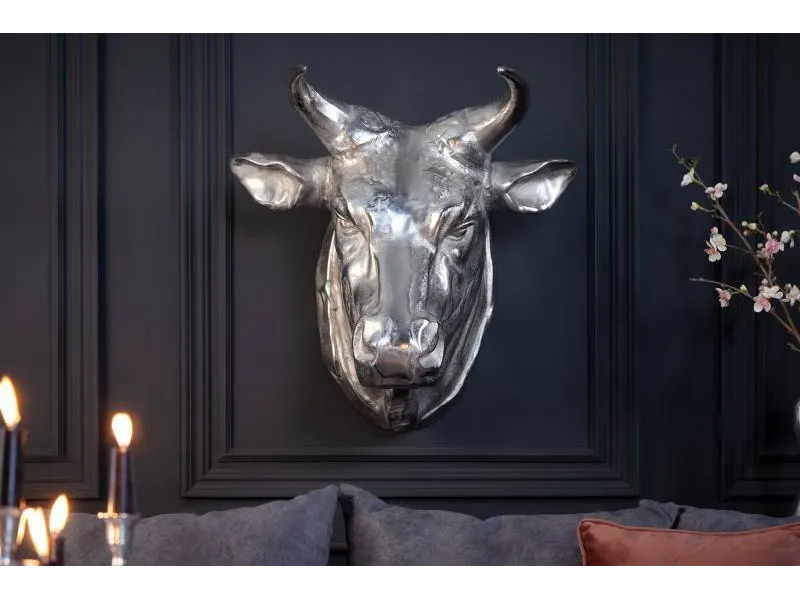 Trophée mural 65 cm en tête de taureau en aluminium argenté