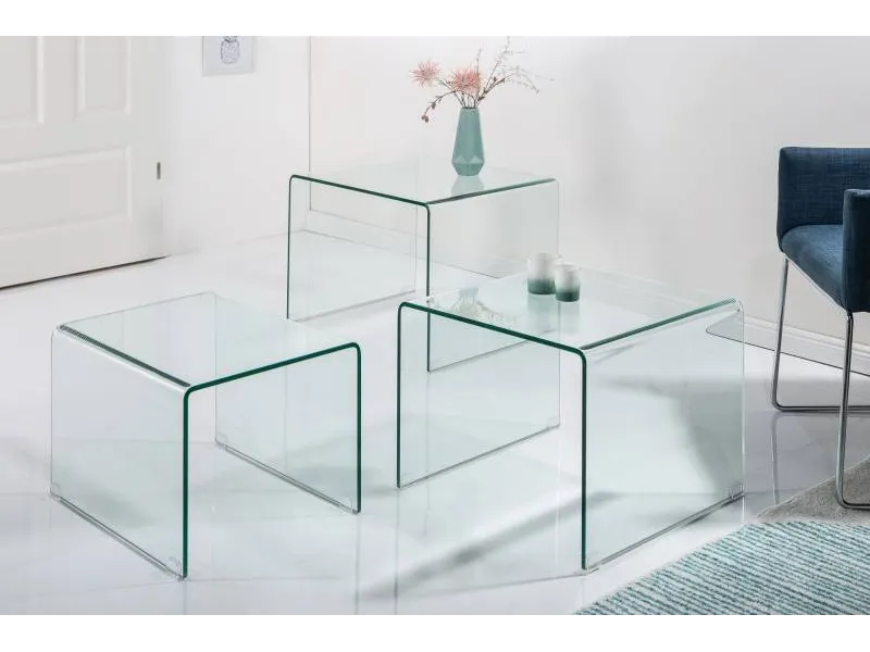 Ensemble de 3 tables basses en verre trempé coloris transparent