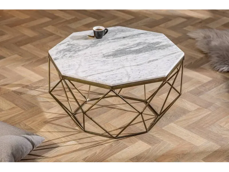 Table Basse Marbre Blanc & Métal Diamond | Design Luxe 70cm