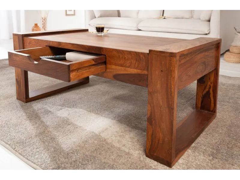 Table basse 100 cm en bois massif avec rangement coloris ciré naturel