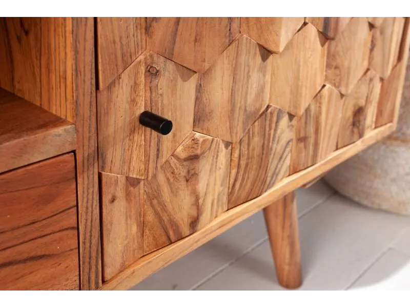 Meuble tv design scandinave coloris naturel en bois massif à 2 portes, une niche et un tiroir