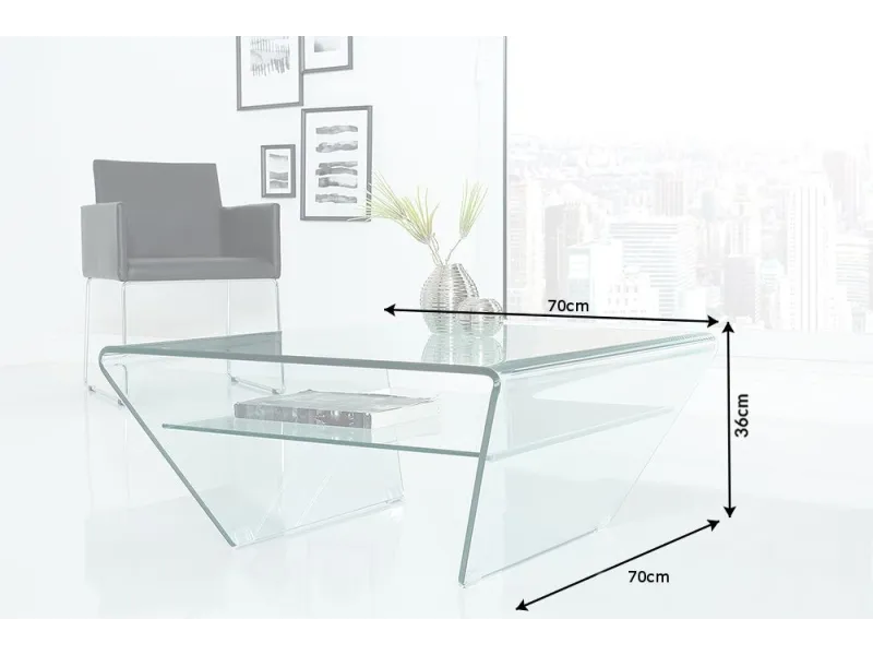 Table basse contemporaine en verre 70cm  avec étagère transparente