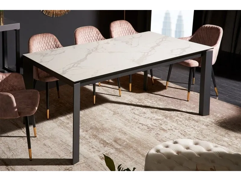 Table à manger extensible en céramique 180-240cm aspect marbre blanc