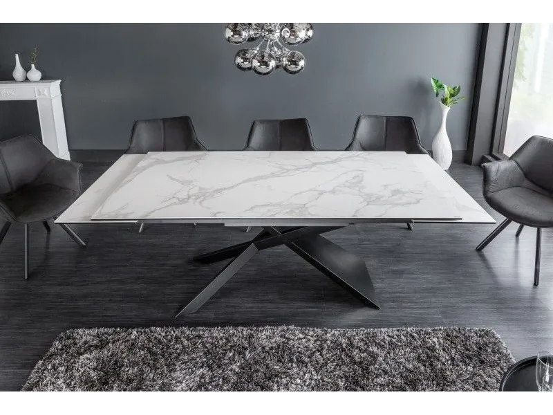 Table à manger extensible 180-220-260cm céramique aspect marbre blanc