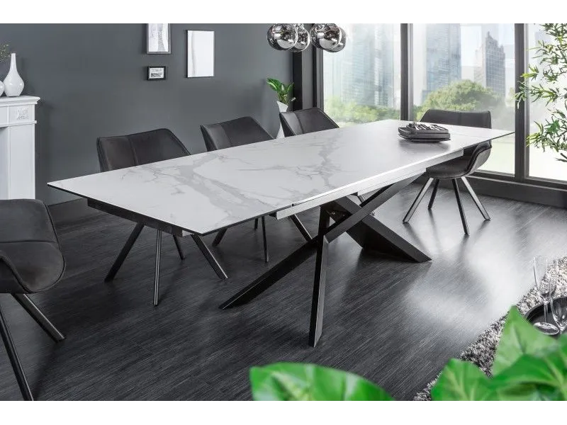 Table à manger extensible 180-220-260cm céramique aspect marbre blanc