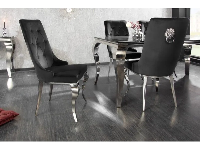 Lot de 2 Chaises de château en velours noir piètement en acier inoxydable, tête de lion argenté