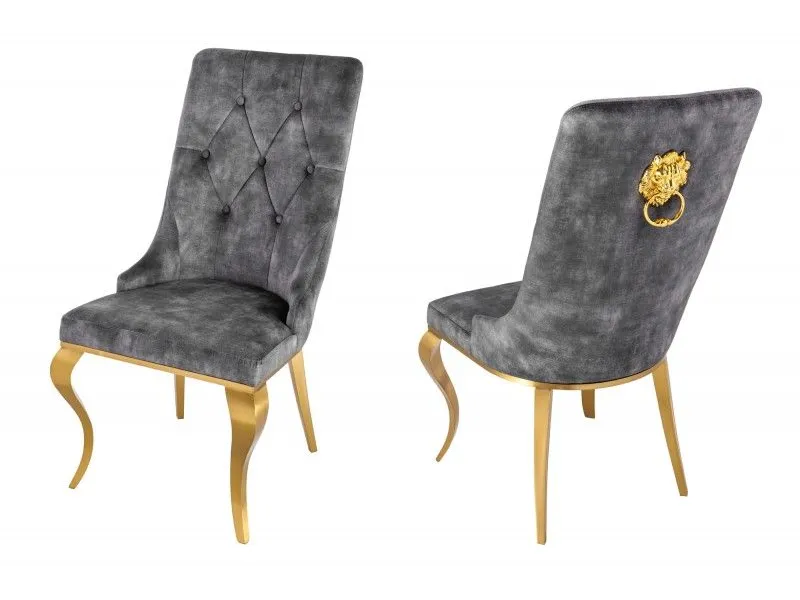 Lot de 2 Chaises de château en velours gris piètement en acier inoxydable, tête de lion doré