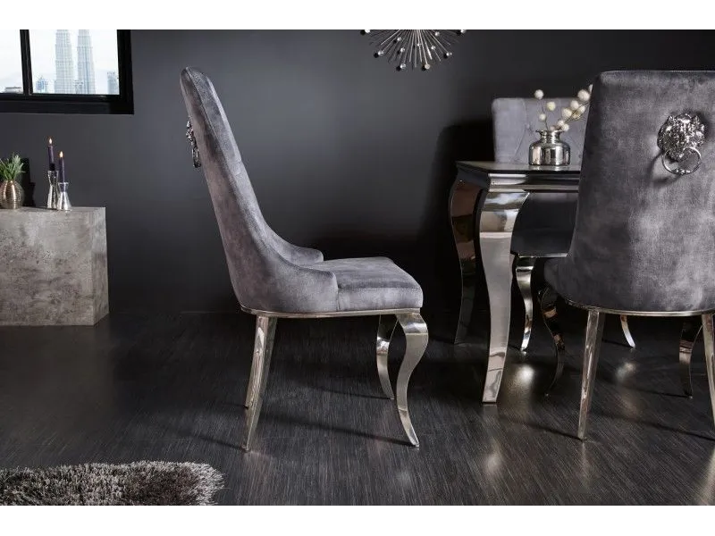 Lot de 2 Chaises de château en velours gris piètement en acier inoxydable, tête de lion argenté