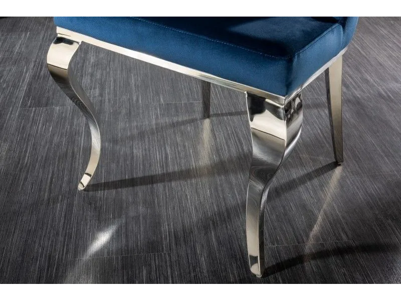 Lot de 2 Chaises de château en velours bleu royal piètement en acier inoxydable, tête de lion argenté