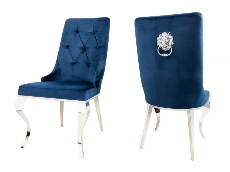 Lot de 2 Chaises de château en velours bleu royal piètement en acier inoxydable, tête de lion argenté