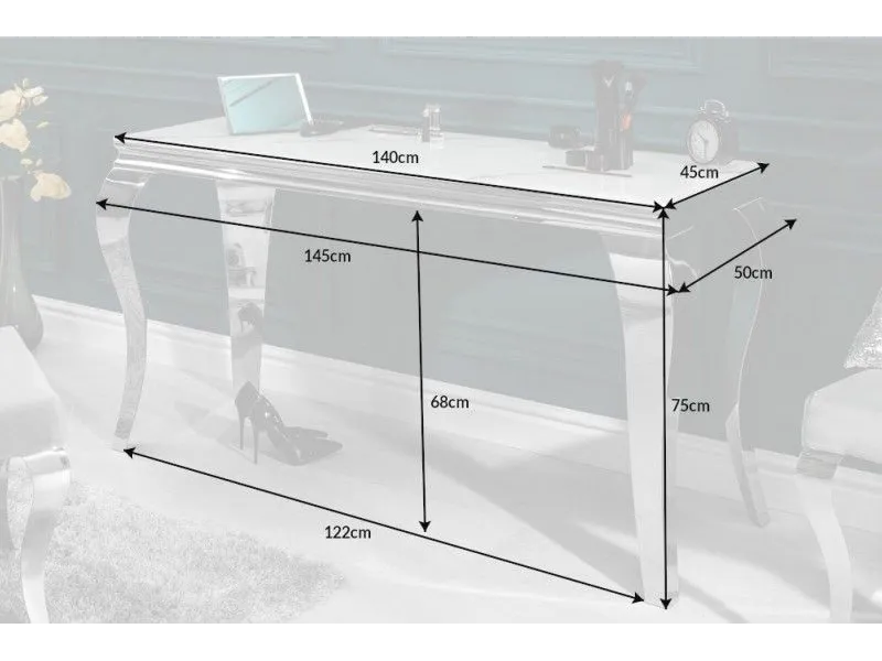 Console design baroque de 140cm coloris marbre argenté en verre trempé et acier inoxydable