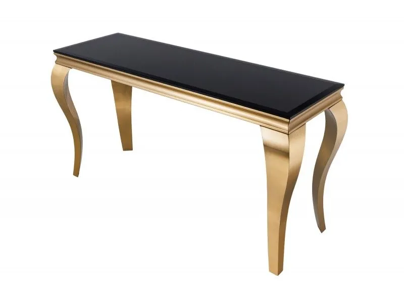 Console design baroque de 140cm coloris noir en verre trempé et piètement doré