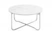 Table basse design en marbre coloris blanc avec piétement en métal argenté